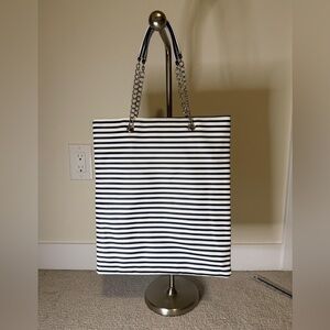 Elegant Striped Dark Blue Tote with Chain Handles